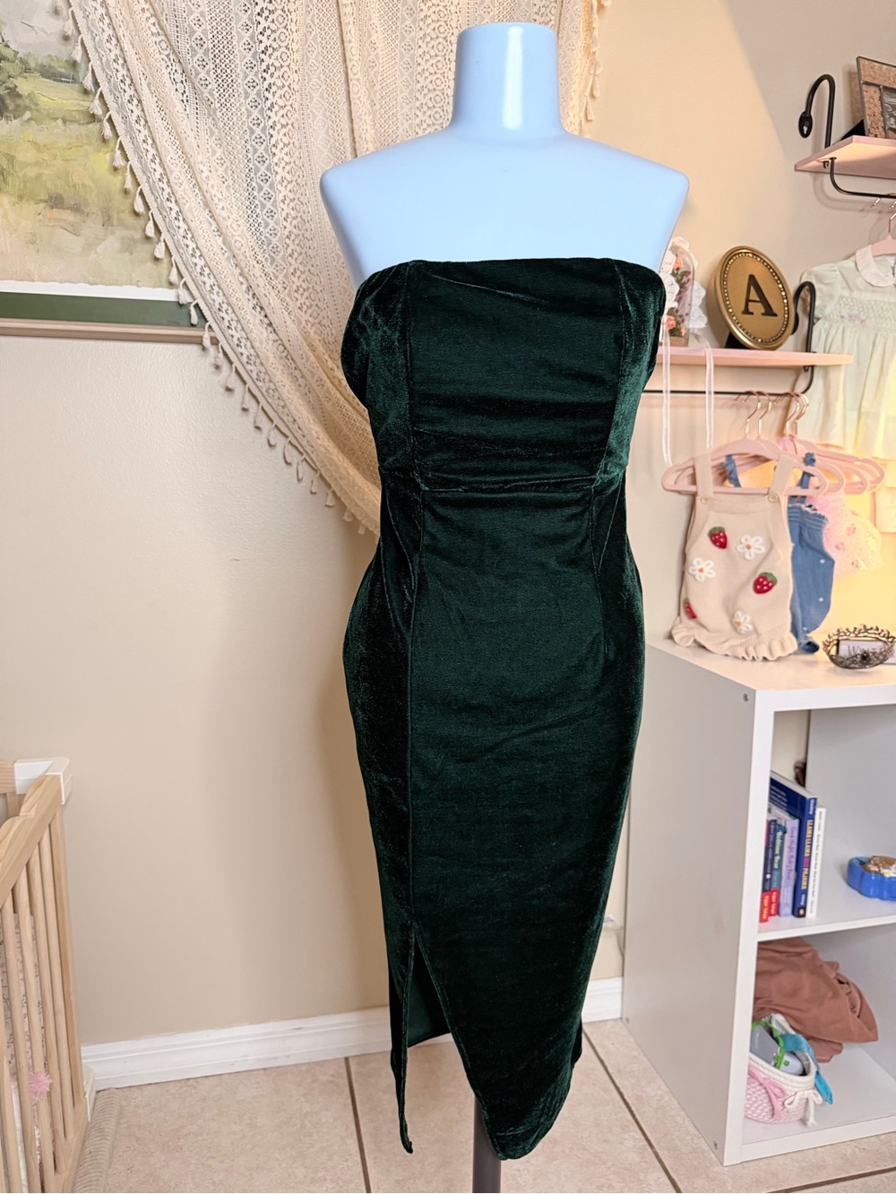 Dark Green Velvet strapless dress prom semi-formal